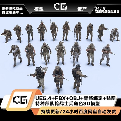 武器装备军事特种枪战士兵角色3D人物模型UE+FBX+OBJ骨骼绑定