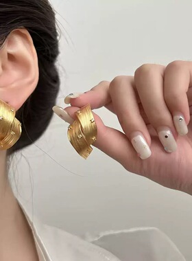 艺术感拉丝双层扭弧耳环小众肌理碎钻耳钉高级清冷极简风轻奢耳饰