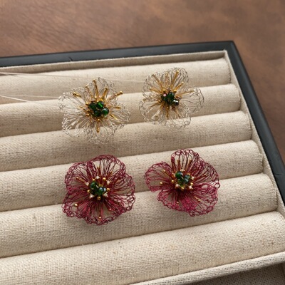 仙系金属丝编织花卉耳环耳钉轻奢时尚精致高级感优雅宝石小众百搭