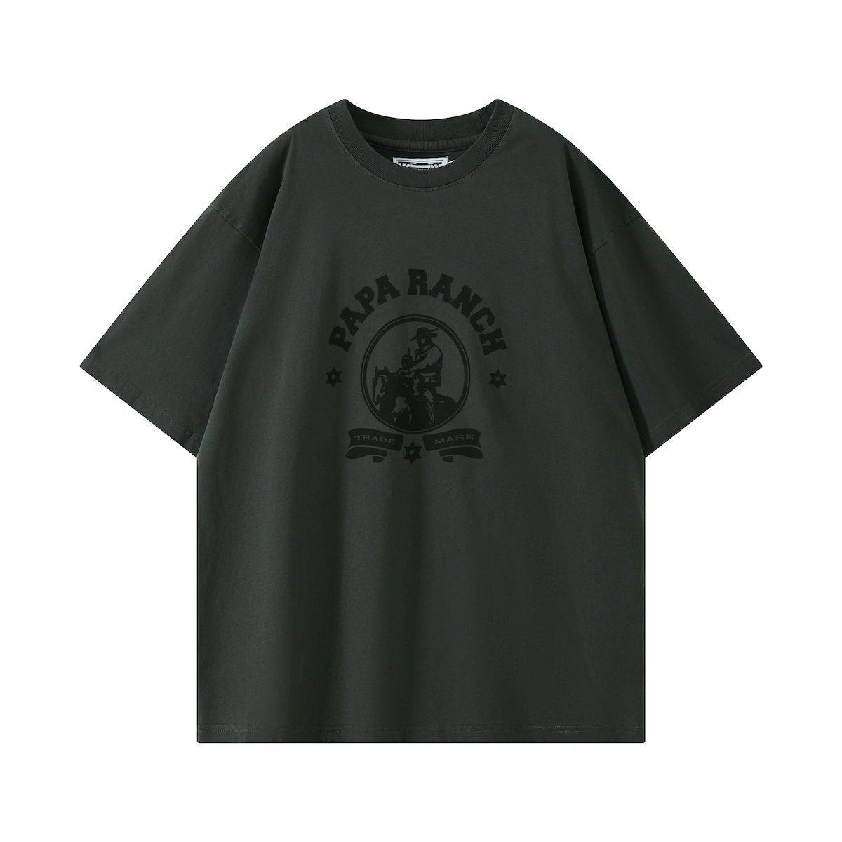 33oz PapaRanch美式复古重磅工装水洗做旧西部印花短袖T恤圆领