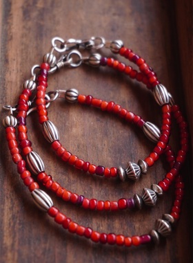 33oz 西亓好物日本赤红琉璃925银珠手链复古搭配旧化