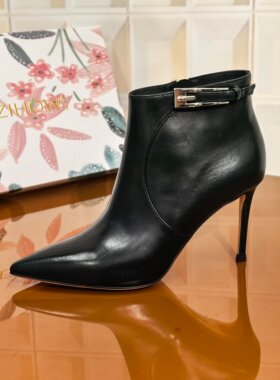 8863/7CM胎牛皮断码撤柜清仓处理细跟黑色单鞋女靴时装靴时尚气质