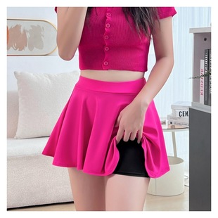 32cm玫红色超短裙女松紧高腰带安全裤A字裙性感辣妹有内衬半身裙