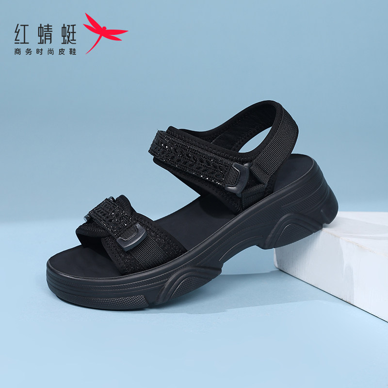 红蜻蜓品牌新款凉鞋女沙滩鞋运动软面织物轻便软底防滑舒适厚底