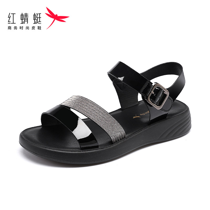 红蜻蜓品牌夏新款凉鞋女平底时尚亮面软面防滑软底舒适轻便魔术贴