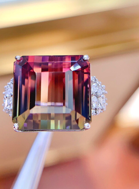 18k金镶嵌天然全净体双色西瓜碧玺戒指男女款生日礼物17.49克拉