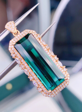 18k金镶嵌天然长方形全净体蓝碧玺吊坠男女款礼物项链13.69克拉