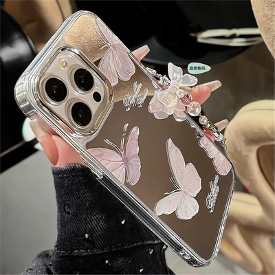 镜面超仙蝴蝶挂坠适用苹果16pro手机壳18气质mirror case iphone 17 14 15promax butterfly cover防摔13硬12
