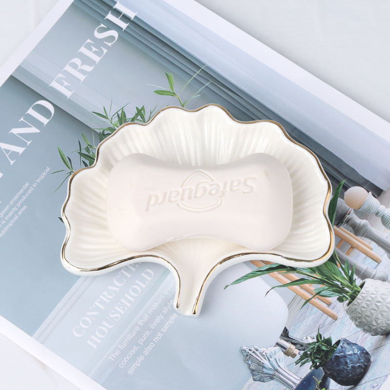 创意陶瓷描金银杏肥皂盒沥水家用高档简约新款洗衣皂托轻奢香皂盒