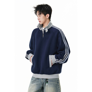 A410-A32652-特批70限价139-美式条纹撞色立领卫衣-400g 华棉，男装卫衣，电商A410
