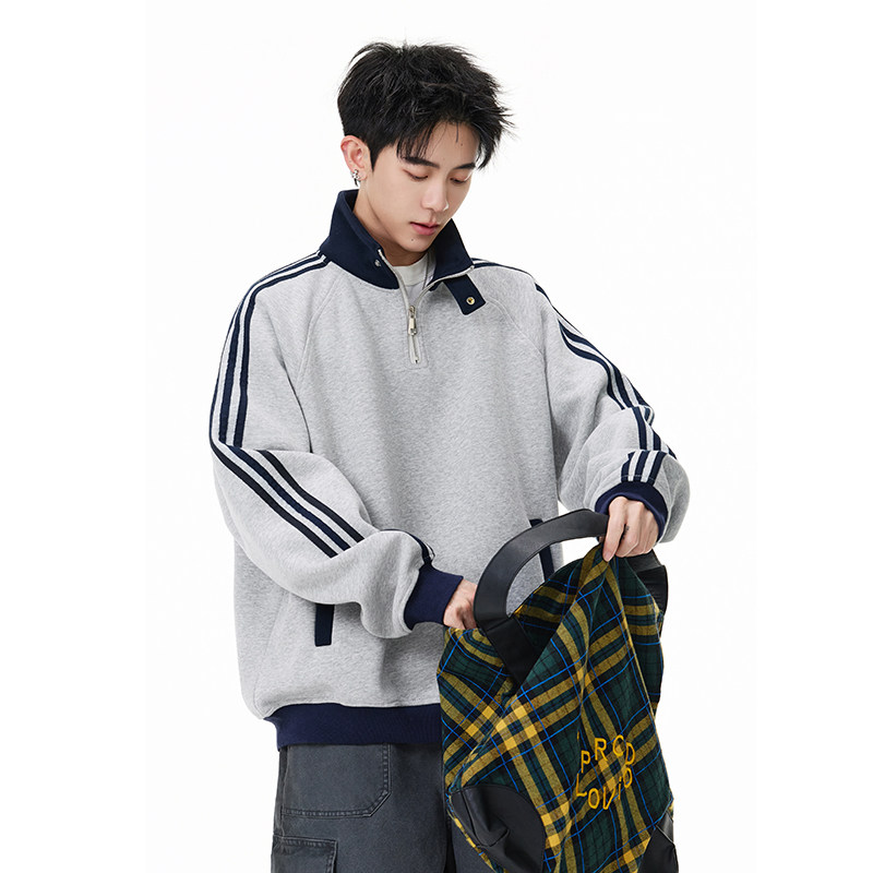 A410-A32652-特批70限价139-美式条纹撞色立领卫衣-400g华棉，男装卫衣，电商A410