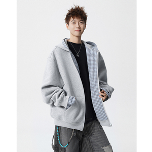 A410-WT33812-P105限价159-美式拼接格纹连帽卫衣外套-400g 华棉，女装短外套，电商A410