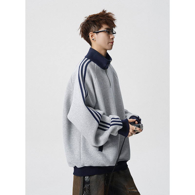 A410-A32652-特批70限价139-美式条纹撞色立领卫衣-400g华棉，男装卫衣，电商A410