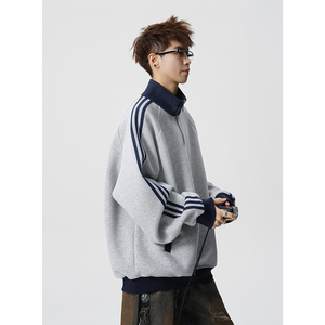 A410-A32652-特批70限价139-美式条纹撞色立领卫衣-400g 华棉，男装卫衣，电商A410