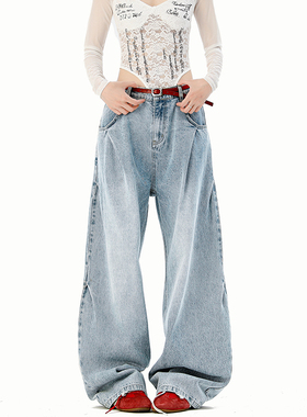 A410-K8384-P65限价99-美式复古褶皱阔腿牛仔裤-320g 牛仔裤面料