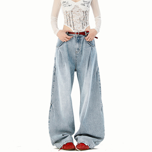 美式 P65限价99 复古褶皱阔腿牛仔裤 320g 面料 A410 牛仔裤 K8384