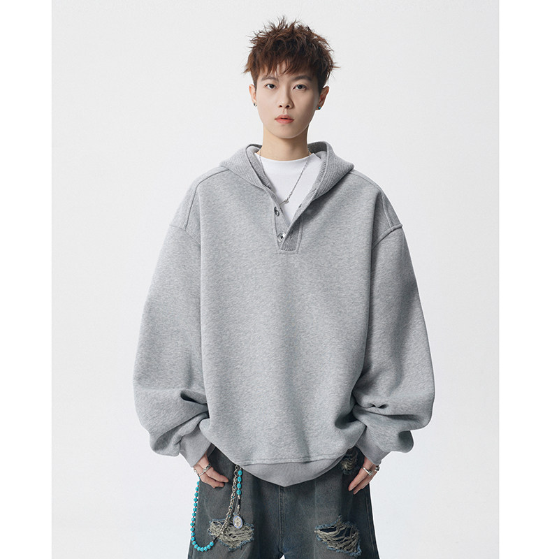 A410-A32635-P85限价129-美式重磅纽扣连帽卫衣-400g华棉复合，男装卫衣，电商A410