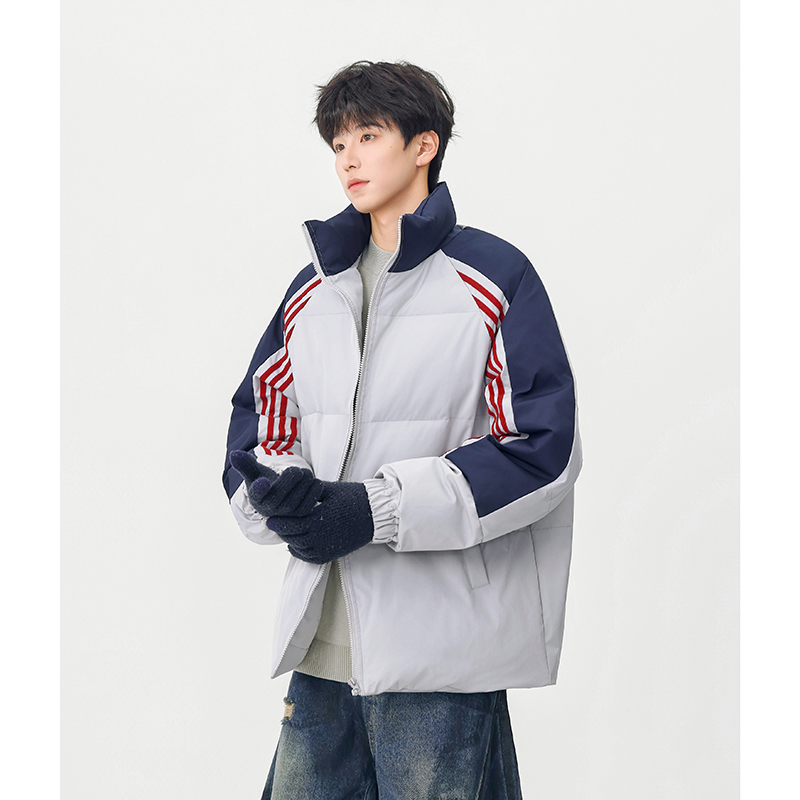 A410-WT33791-P125限价189-美式复古条纹撞色立领棉服-小牛津130g，男装棉衣，电商A410