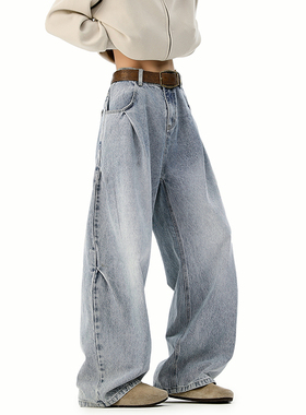 A410-K8384-P65限价99-美式复古褶皱阔腿牛仔裤-320g 牛仔裤面料