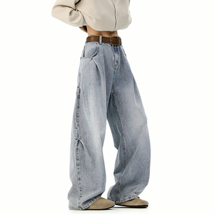 美式 P65限价99 复古褶皱阔腿牛仔裤 320g 面料 A410 牛仔裤 K8384