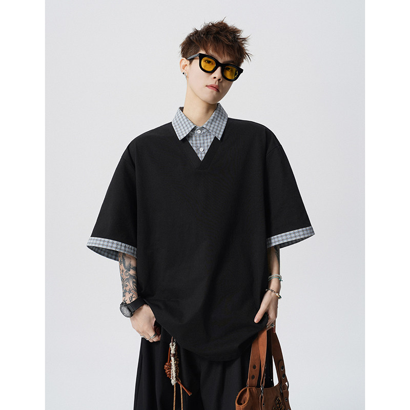 A410-T62012-P55限价99-格纹假两件翻领拼接短袖-230G索罗娜，男装T恤，电商A410