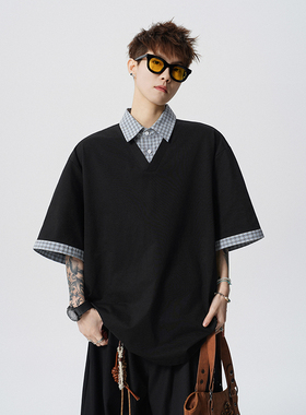 A410-T62012-P55限价99-格纹假两件翻领拼接短袖-230G索罗娜