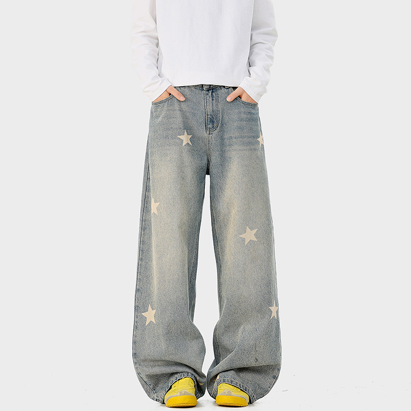 A410-K5543-P65限价99美式复古星星印花牛仔裤-300g左右牛仔面料，男装牛仔裤，电商A410