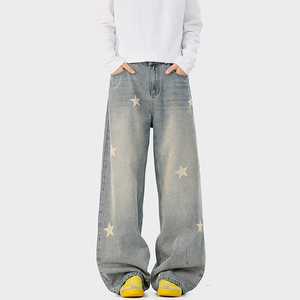 A410-K5543-P65限价99美式复古星星印花牛仔裤-300g左右 牛仔面料，男装牛仔裤，电商A410