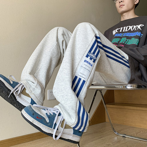 K2682*简约条纹运动裤子男秋季宽松潮牌直筒休闲裤P50(限价69）