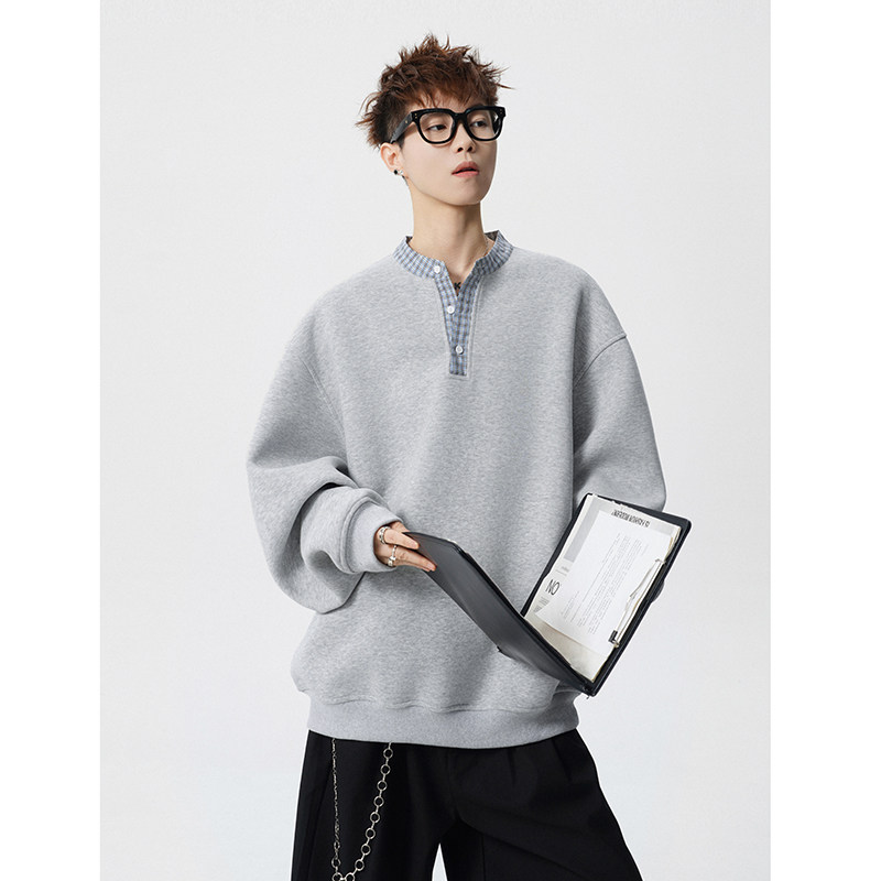 A410-A34731-P65限价99-美式复古格纹拼接圆领卫衣-400G华棉，男装卫衣，电商A410