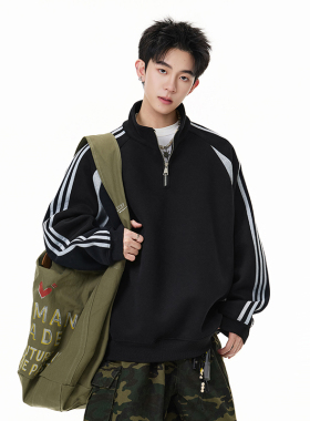 A410-WT34748-P85限价129-条纹撞色半拉链立领卫衣-400G  华棉