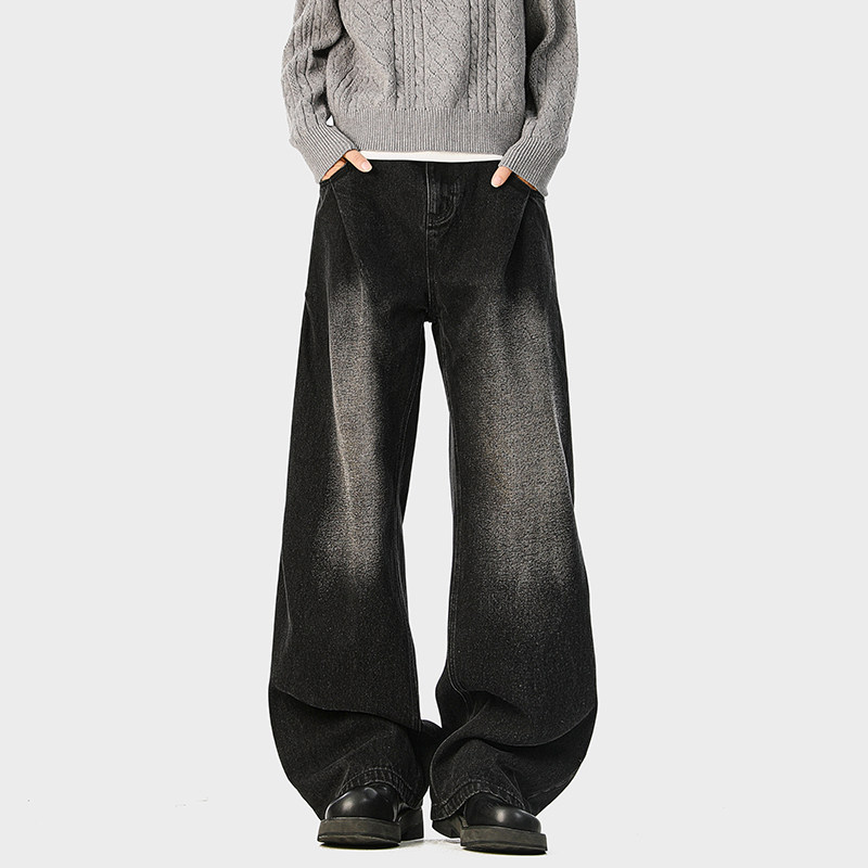 A410-K8384-P65限价99-美式复古褶皱阔腿牛仔裤-320g牛仔裤面料，男装牛仔裤，电商A410