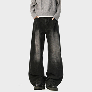 A410-K8384-P65限价99-美式复古褶皱阔腿牛仔裤-320g 牛仔裤面料，男装牛仔裤，电商A410