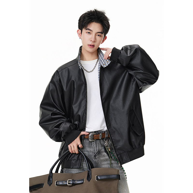 A410-WT34780-P110限价169-美式格纹撞色立领夹克-290G皮料，男装夹克，电商A410