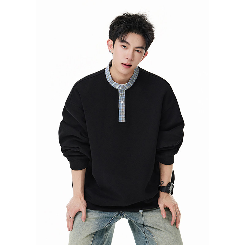 A410-A34731-P65限价99-美式复古格纹拼接圆领卫衣-400G华棉，男装卫衣，电商A410