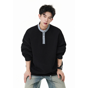 A410-A34731-P65限价99-美式复古格纹拼接圆领卫衣-400G 华棉，男装卫衣，电商A410