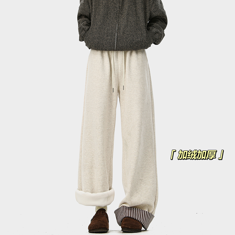 A410-K8752JR-P70限价109-条纹拼接加绒休闲裤-条条面料430g左右，男装卫衣，电商A410