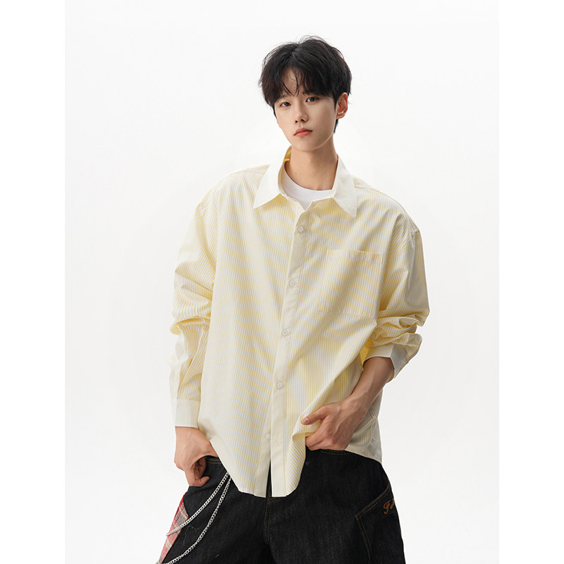 A410-CS37307-P60限价89-日系休闲翻领条纹长袖衬衫-牛津纺135g，男装衬衫，电商A410
