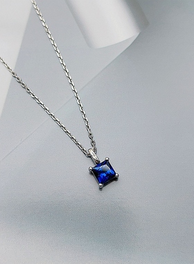 日系轻奢日韩925银蓝刚玉公主方吊坠项链锁骨链女饰品百搭个性