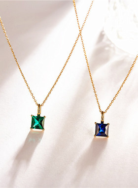 日系轻奢轻珠宝10K金合成祖母绿蓝刚玉公主方经典圣诞礼物项链