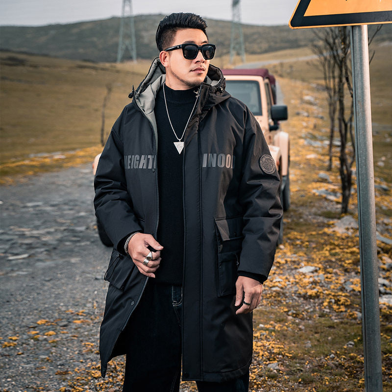 潮胖子大码男装羽绒服中长款连帽加厚肥佬外套冬宽松休闲加肥加大