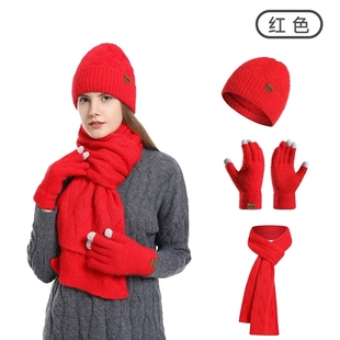 跨境针织手套帽子围巾三件套围脖一体冬天女士加绒保暖毛线帽
