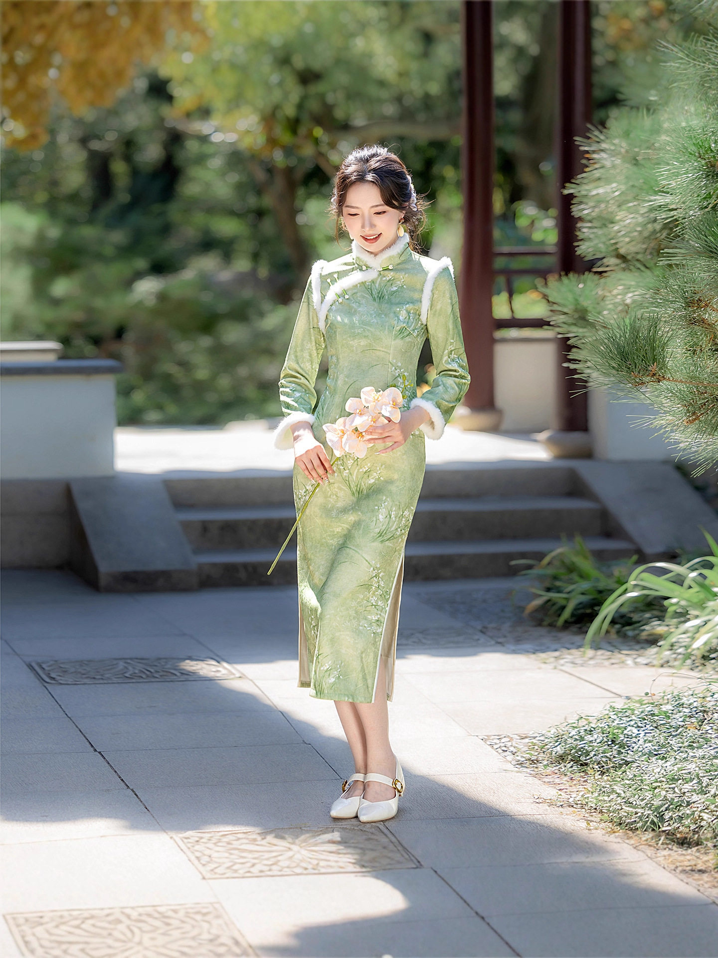 绿色冬装加绒加厚国风中式长款长袖旗袍2025新款女复古收腰秋冬季