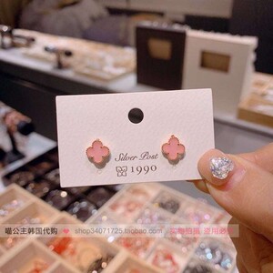 韩国代购1990款四叶草花朵简约百搭气质樱花粉耳环S925银针耳钉女