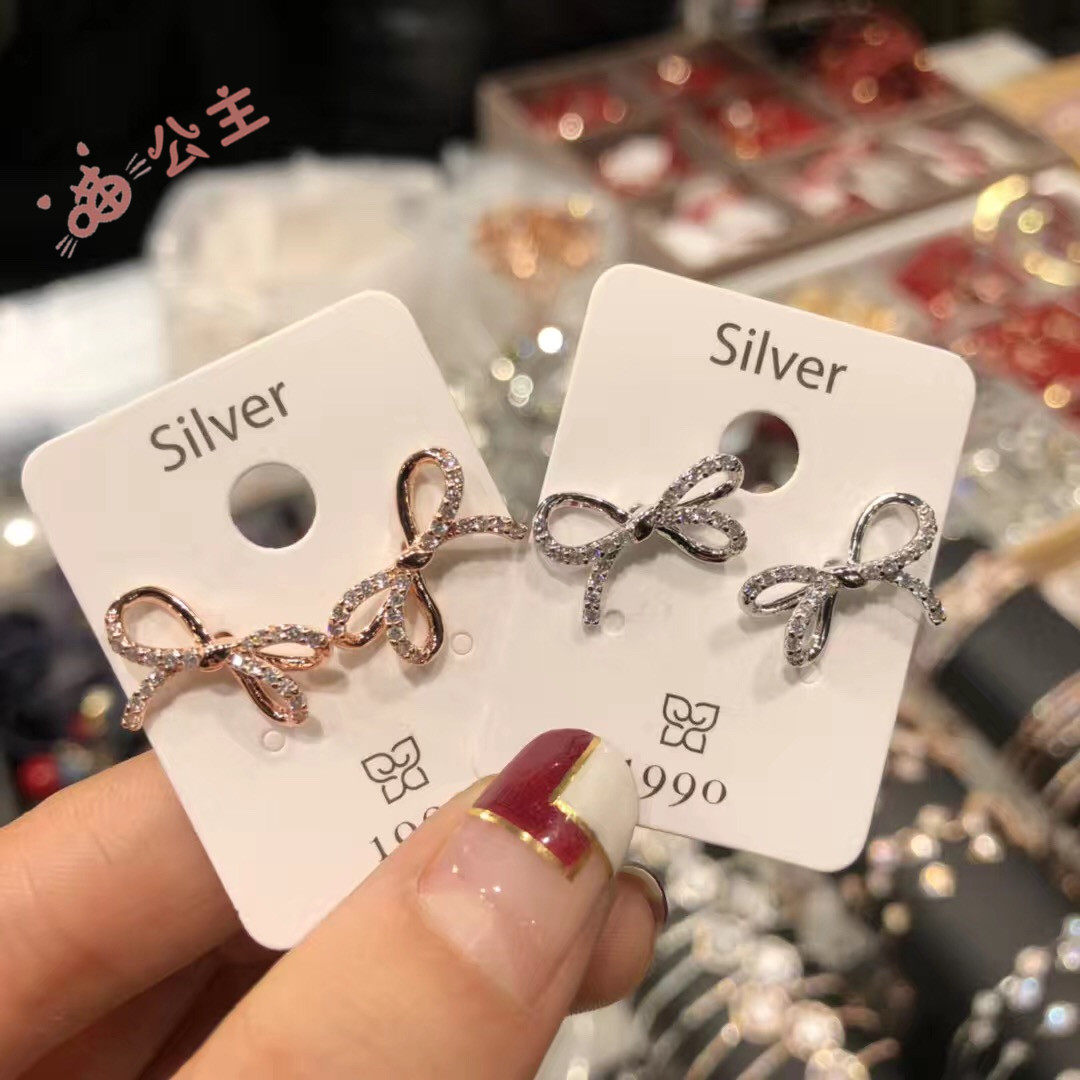 韩国进口1990款可爱蝴蝶结水钻耳钉时尚气质S925纯银针耳环耳饰