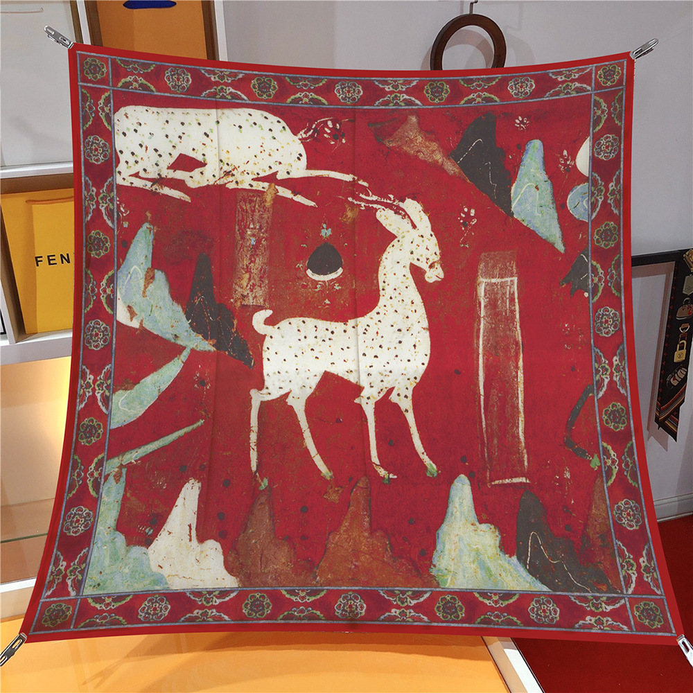 90cm新中式复古国风敦煌九色鹿印花百搭披肩大方巾头巾围巾