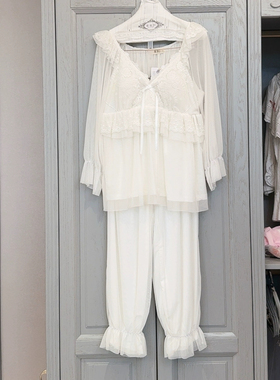 大码宫廷莫代尔双层网纱弹力黑色长衣长裤套装公主风秋冬家居服