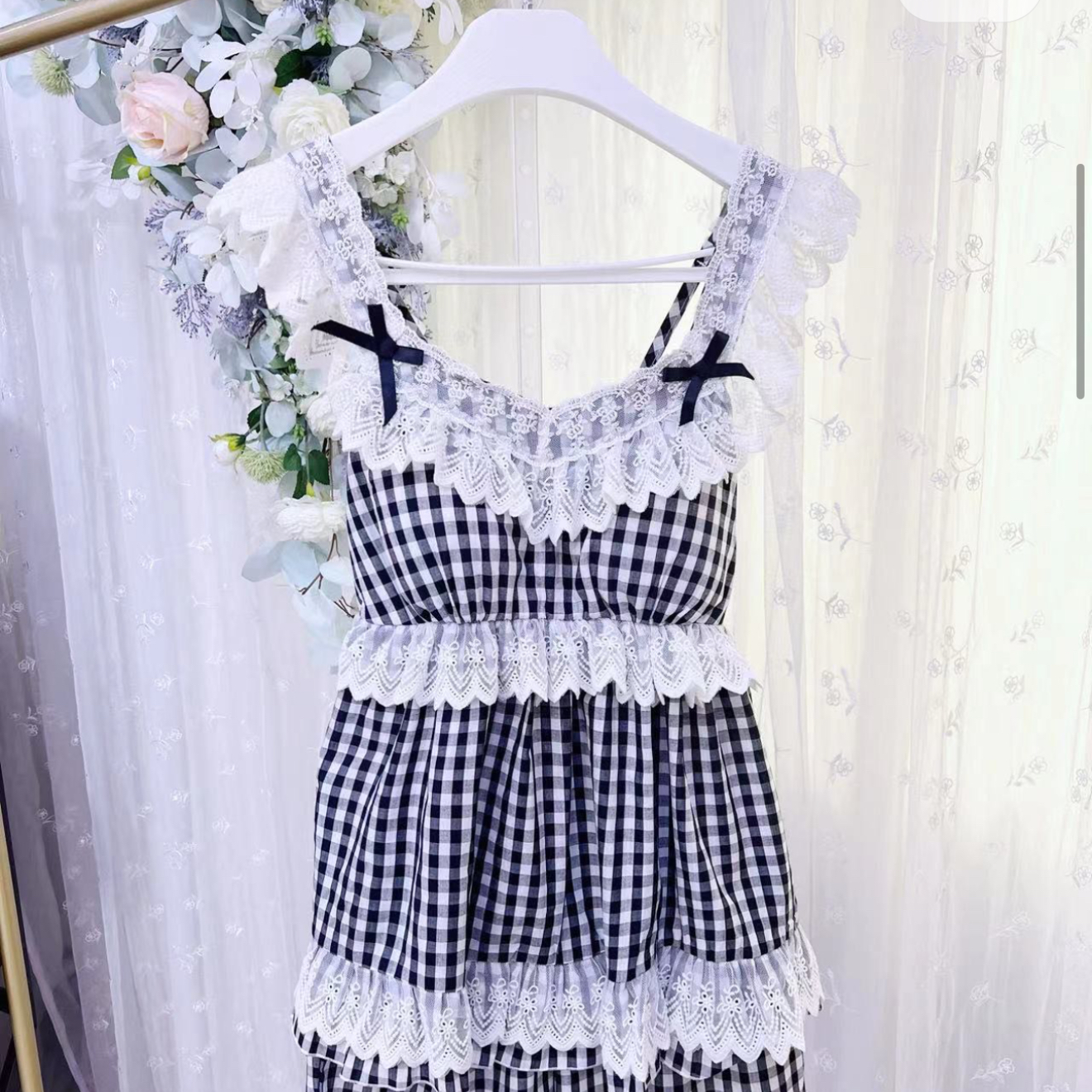 大码胖MM睡衣女套装春秋吊带纯棉棉布黑白格蕾丝学生宿舍家居服