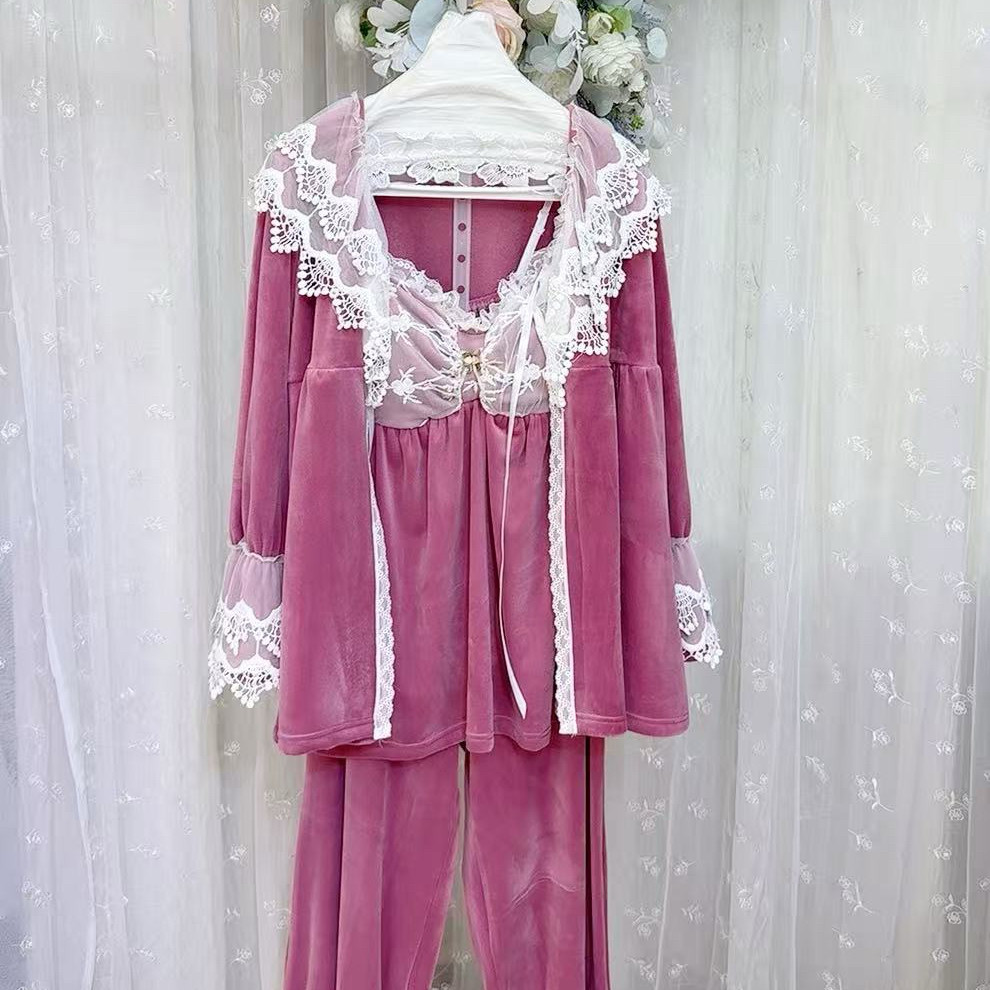 大码睡衣女秋冬胖MM 三件套吊带胸垫双面海岛绒蕾丝家居服套装