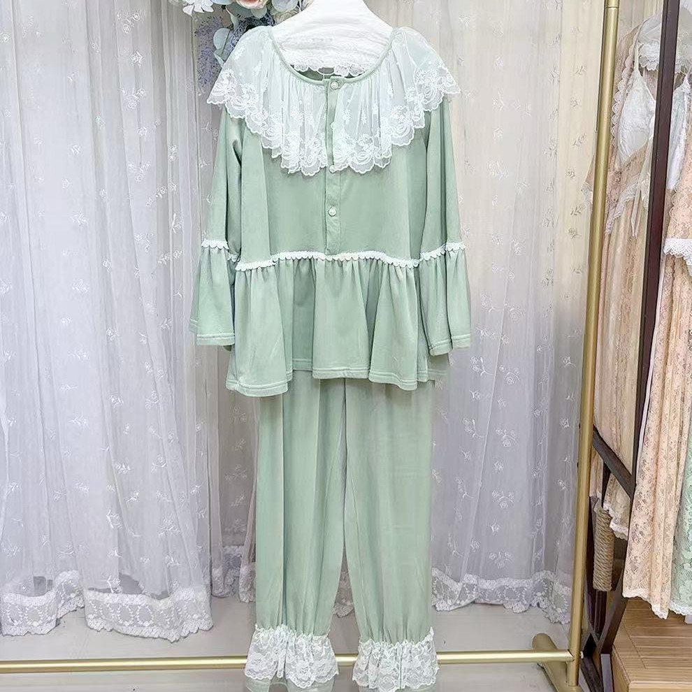 大码睡衣女秋冬胖MM 披肩领套头粉色双面海岛绒蕾丝家居服套装